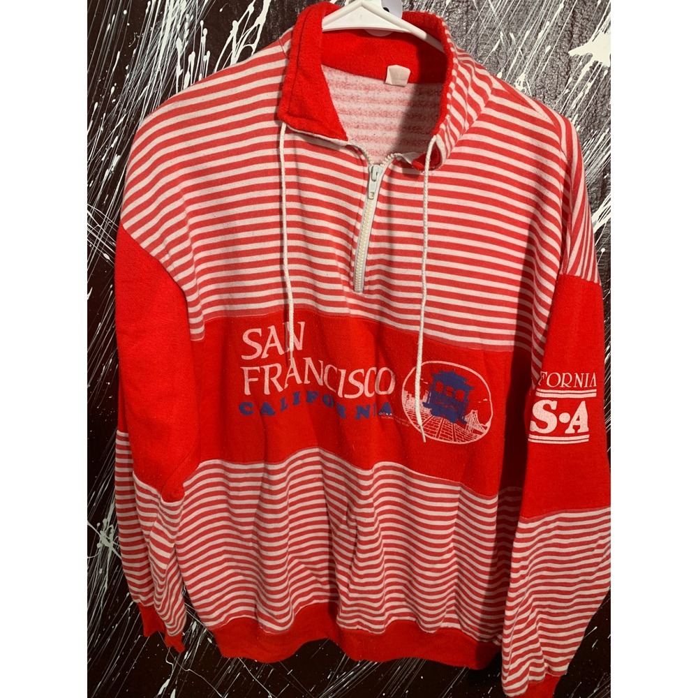 Vintage Jacqe San Francisco California Striped 1/4 Zip Sweatshirt Red‎ White L